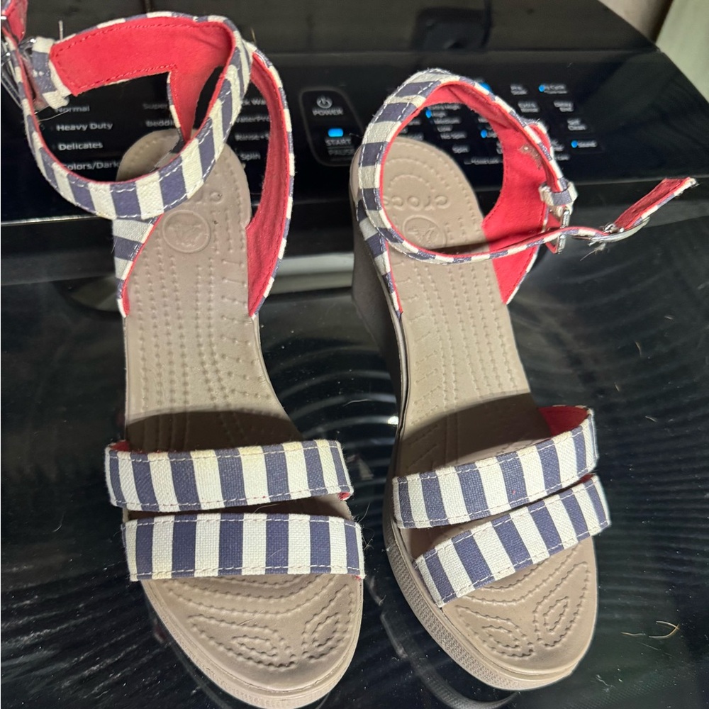 CROCS Navy and White Striped Wedges